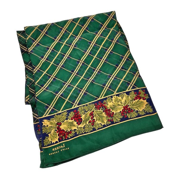 Lauren Ralph Lauren Silk Green Plaid Floral Scarf - Picture 3 of 5